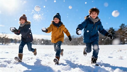 Kids race across a snowy field in a lively snowball fight, their laughter echoing through the bright morning air. Fresh snow sparkles around them, capturing a natural and energetic moment.