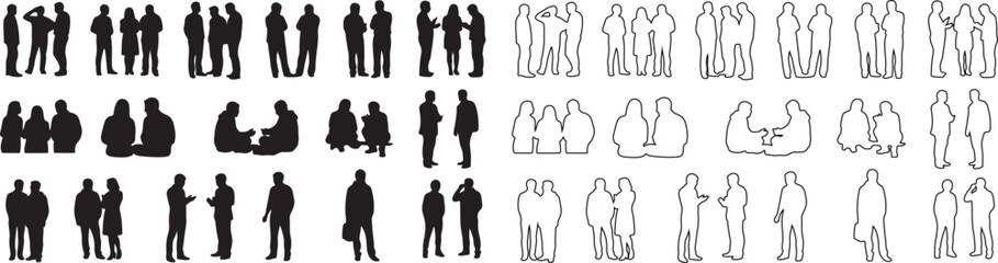 Set of diverse people silhouettes and outline figures, black and white vector illustration isolated PNG with Transparent Background