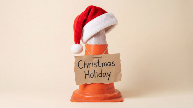 Christmas holiday construction delay concept with traffic cone wearing santa hat and cardboard sign symbolizing seasonal work stoppage or festive break announcement