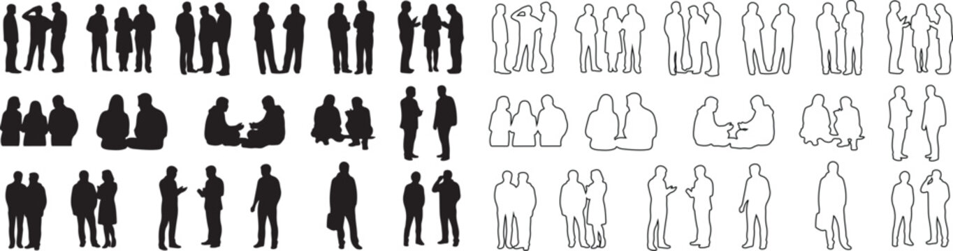 Set of diverse people silhouettes and outline figures, black and white vector illustration isolated PNG with Transparent Background