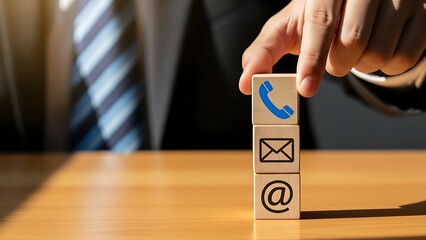 Business communication symbols on wooden blocks with a hand on a phone icon