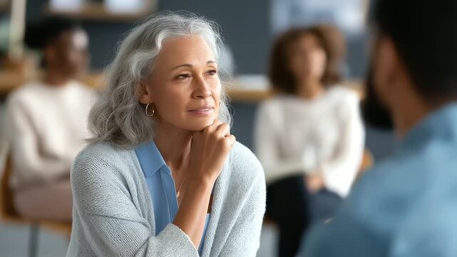 Faceless Muslim woman supporting new group therapy attender defocused mental health center background encouraging talk psychological support diverse counseling inclusive