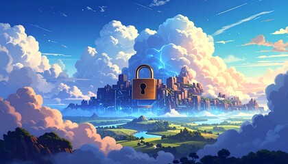 Cityscape with clouds and a padlock symbol. Digital art with bright colors and surrealistic elements