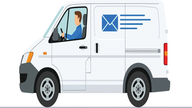 A white delivery van with a driver is shown in a side view