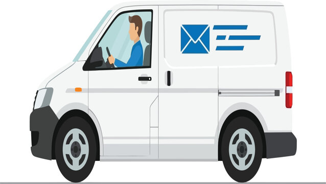 A white delivery van with a driver is shown in a side view