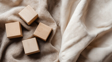 木目キューブとリネン布 / Wood Cubes & Linen Fabric