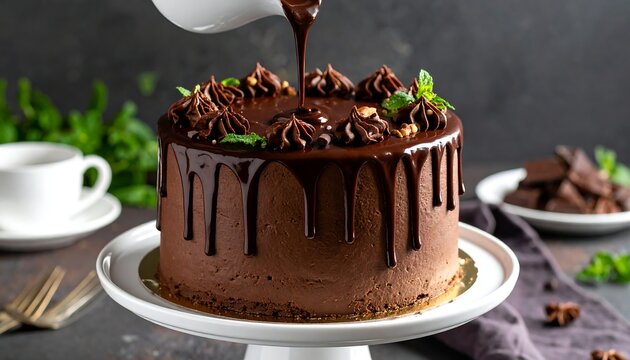 Chocolate cake adorned with icing, nuts, & mint, being drizzled with more chocolate on a white cake stand