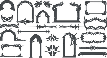 Vintage set of vector silhouettes featuring an antique church and old metal keys with cross symbols and frames in a black retro tattoo art illustration design