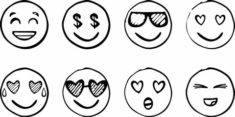Collection of hand drawn black and white emoticons representing various expressions