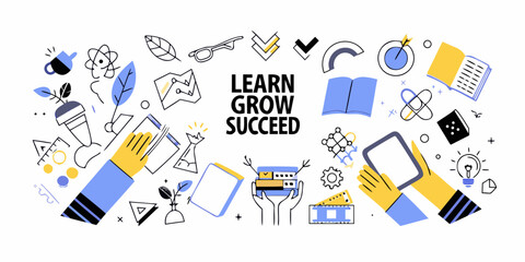Education and growth concept with learning symbols and hands reaching upwards