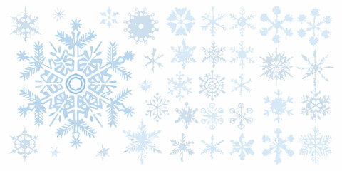 A collection of delicate light blue snowflakes on a white background