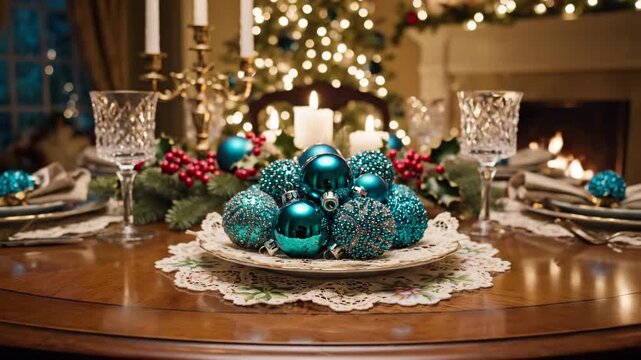 Elegant cinematic dolly pull back revealing a centerpiece of teal Christmas ornaments placed artfully on an ivory lace doily and vintage porcelain plate sophisticated, design, plate