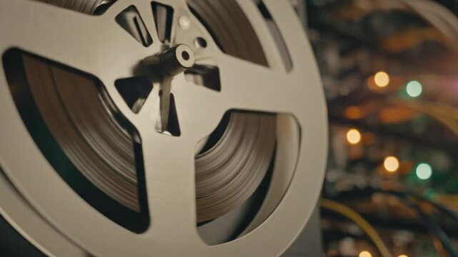 Close-up of a vintage reel-to-reel tape recorder capturing audio in a dimly lit setting.