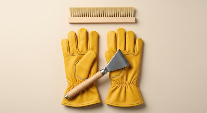 Professional beekeeping equipment set including leather gloves, hive tool and bee brush, apiculture and honey harvest concept
