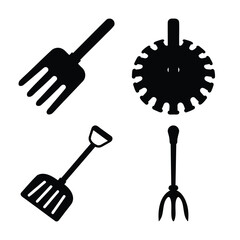 Gardening tools and whimsical plant pest black vector icons