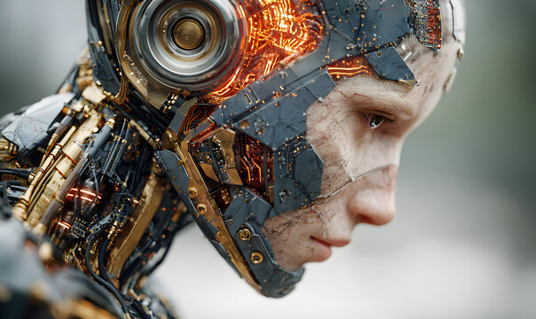 A polygonal human face. A 3D illustration depicting the construction of a cyborg head. Concept of artificial intelligence. - Powered by Adobe