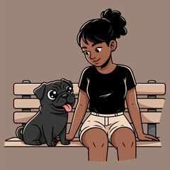 Cartoon of Young Woman and Black Pug Dog Sitting on Bench Vector Illustration
