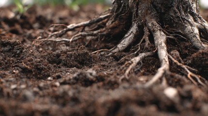 Close-Up View of Tree Roots and Soil Texture in Natural Environment Highlighting Earth&rsquo;s Vital Ecosystem Components