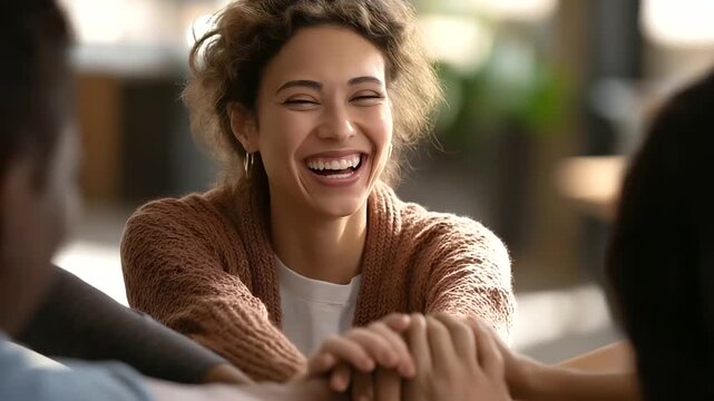 Faceless young happy woman receiving support from group therapy defocused mental health center background peer encouragement collective healing therapeutic community with copy