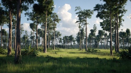 Obraz premium Lush Green Forest Landscape with Tall Trees and Blue Sky in a Tranquil Natural Setting