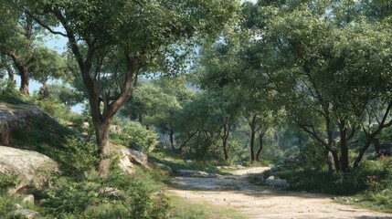 Fototapeta premium Serene Nature Trail Surrounded by Lush Green Trees and Scenic Rock Formations in Bright Daylight