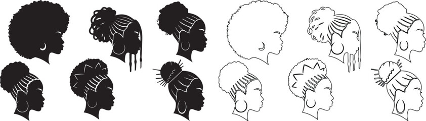 Collection of African American Women Profiles with Diverse Hairstyles - Silhouettes and Outlines Vector isolated PNG with Transparent Background