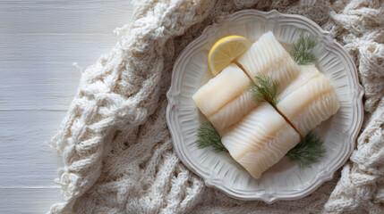 Raw Cod Fillets Portions Plate Lemon Dill Overhead View