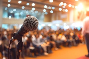 Blurred of speaker on stage IOT network, rear view group audience listens speech lecturer in conference hall or seminar at hotel, business and education meeting concept. High quality. High quality