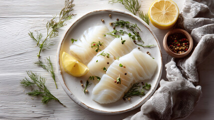 Raw Calamari Squid Rings Preparation Flat Lay Lemon Dill