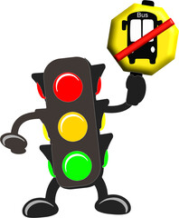 Colorful traffic light character holding 'No Bus' sign isolated with real transparent background for design