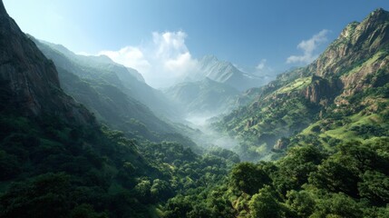 Serene Mountain Valley Landscape with Lush Greenery and Misty Background Under Bright Blue Sky