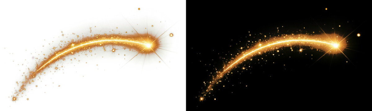 Glowing golden shooting star with radiant burst and sparkling magical light trail
