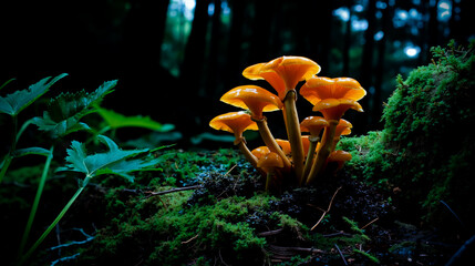 A close-up photograph of a group of bright orange mushrooms growing in a dark forest setting