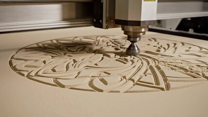 Closeup view of a sophisticated CNC router machine precisely carving an intricate decorative pattern into a wooden panel showcasing advanced automated manufacturing technology and detailed woodworkin.
