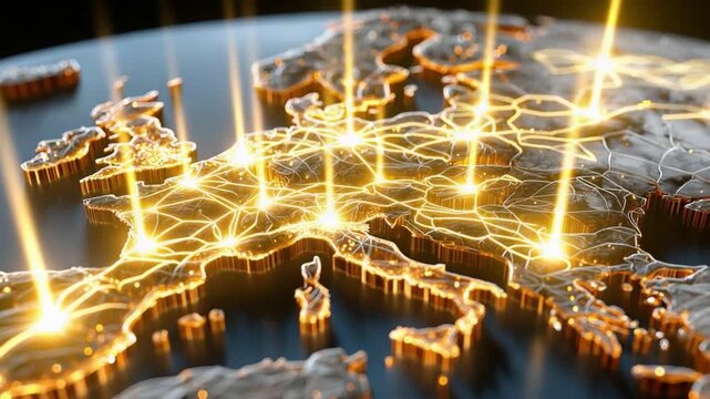 Illuminating European Network: A captivating visualization of Europe, interwoven with a network of glowing light beams, showcasing connectivity and data flow across the continent.