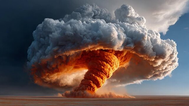Apocalyptic Blast: A colossal, ominous cloud billows upwards, its fiery core contrasting with the churning, turbulent surroundings, capturing the sheer destructive power and chaos.