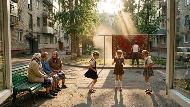 Soviet girls jump rope in courtyard while man beats rug and grannies sit
