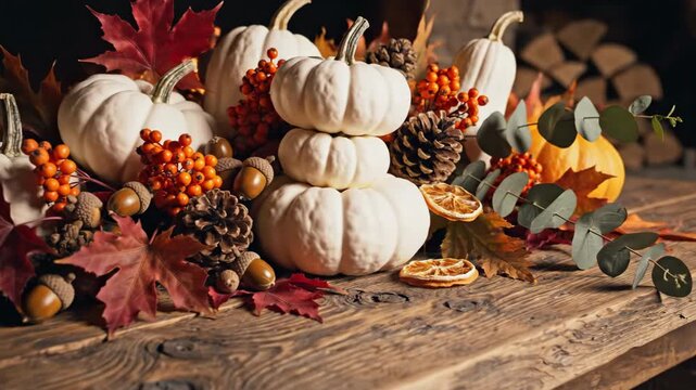 A fresh orange Halloween pumpkin sits on a rustic wooden background with autumn vegetables like garlic and onions in a basket for a healthy organic Thanksgiving market decoration