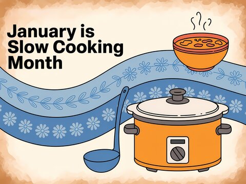 January is slow cooking month with a crockpot and ladle on a table