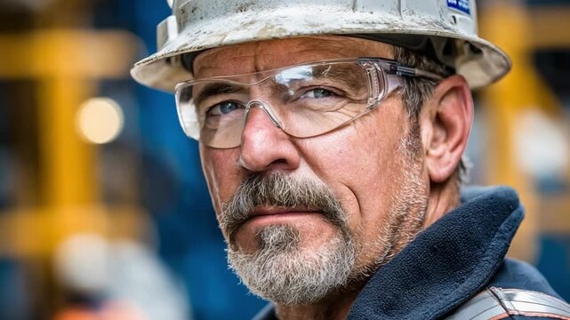A Worker's Gaze: A close-up portrait of a determined worker, complete with a helmet and safety goggles, exudes confidence.