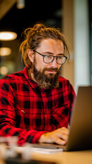 A bearded man in glasses is sitting at a table looking at a laptop
