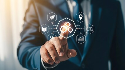 Businessman interacting with virtual interface touching futuristic network connection points with finger