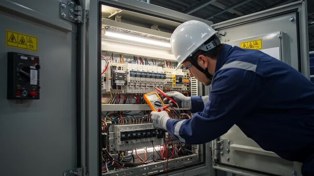 An electrician in safety gear uses a multimeter to inspect an electrical panel's intricate wiring, while wearing a hard hat