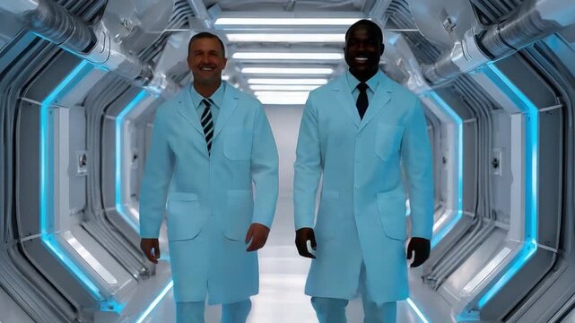 Scientific Harmony: Two skilled scientists stride confidently through a futuristic corridor, embodying a fusion of expertise and technology, radiating competence and innovation.