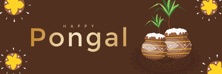 Happy Pongal greeting banner.  India celebration harvest card for web design. Pot, plant, text, sun,  colam. Vector illustration