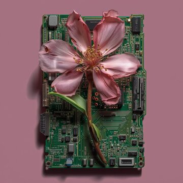 flower blooming from broken circuit board, contrast nature and tech
