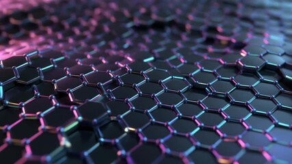Mesmerizing abstract background of connected dark hexagons with vibrant neon light reflections creating a futuristic and dynamic technology grid pattern - Powered by Adobe