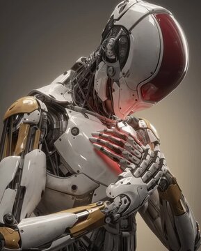 android touching its chest softly, emotional realization robot cyborg