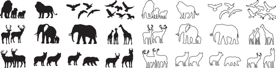 Set of Isolated Vector Animal Silhouettes and Outline Line Art Icons isolated PNG with Transparent Background