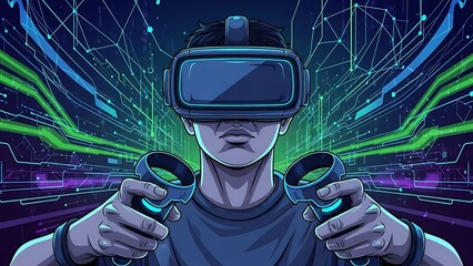 Virtual Reality Man Playing Immersive Game in Cyberpunk Digital World Illustration